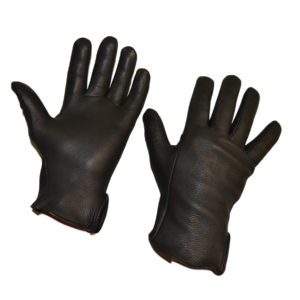 A pair of black gloves with a red lining.