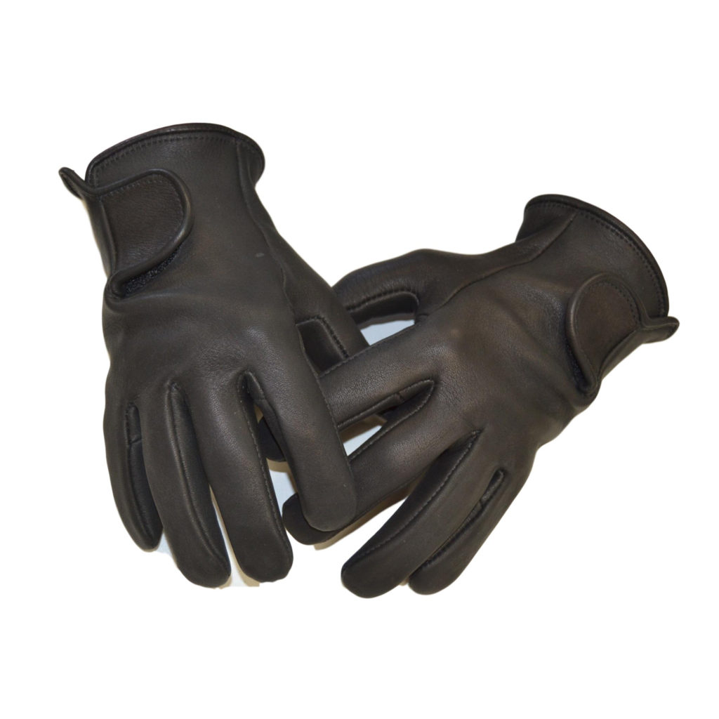 A pair of black gloves with the handle on one side.