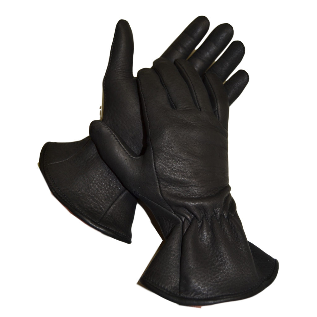 A pair of black gloves with ruffle on the cuffs.