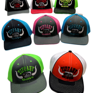 A group of different colored hats with logos.