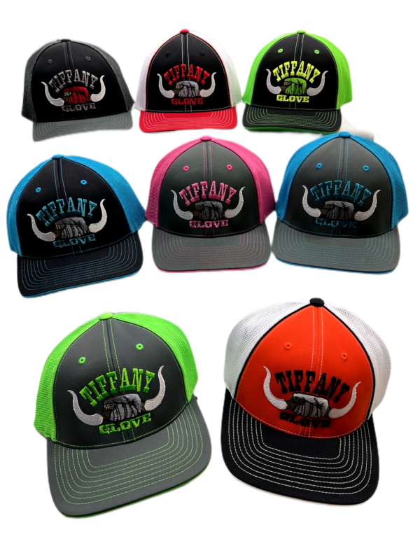 A group of different colored hats with logos.